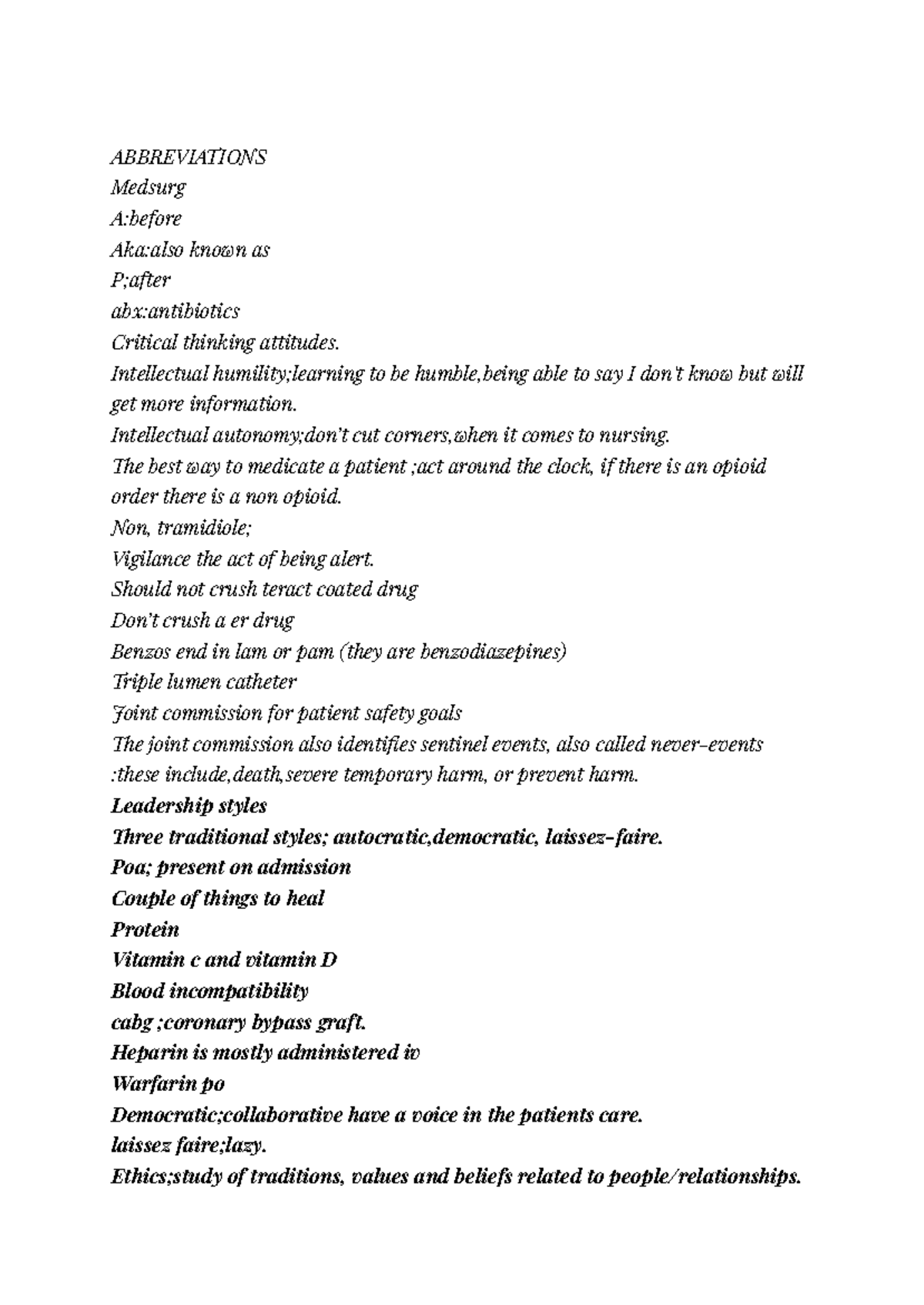 Medsurg - ABBREVIATIONS Medsurg A:before Aka:also known as P;after abx ...