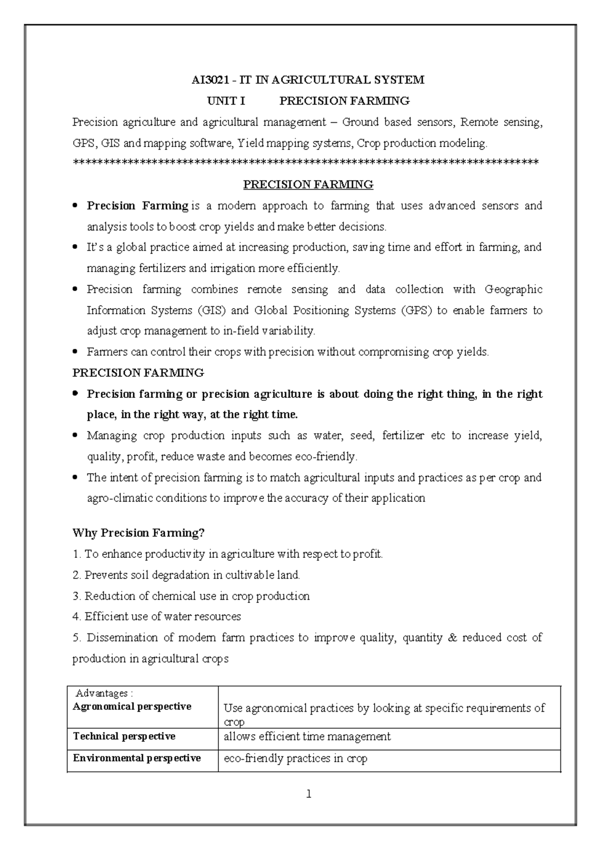 UNIT Iprecision Farming 1 (1) - AI3021 - IT IN AGRICULTURAL SYSTEM UNIT ...