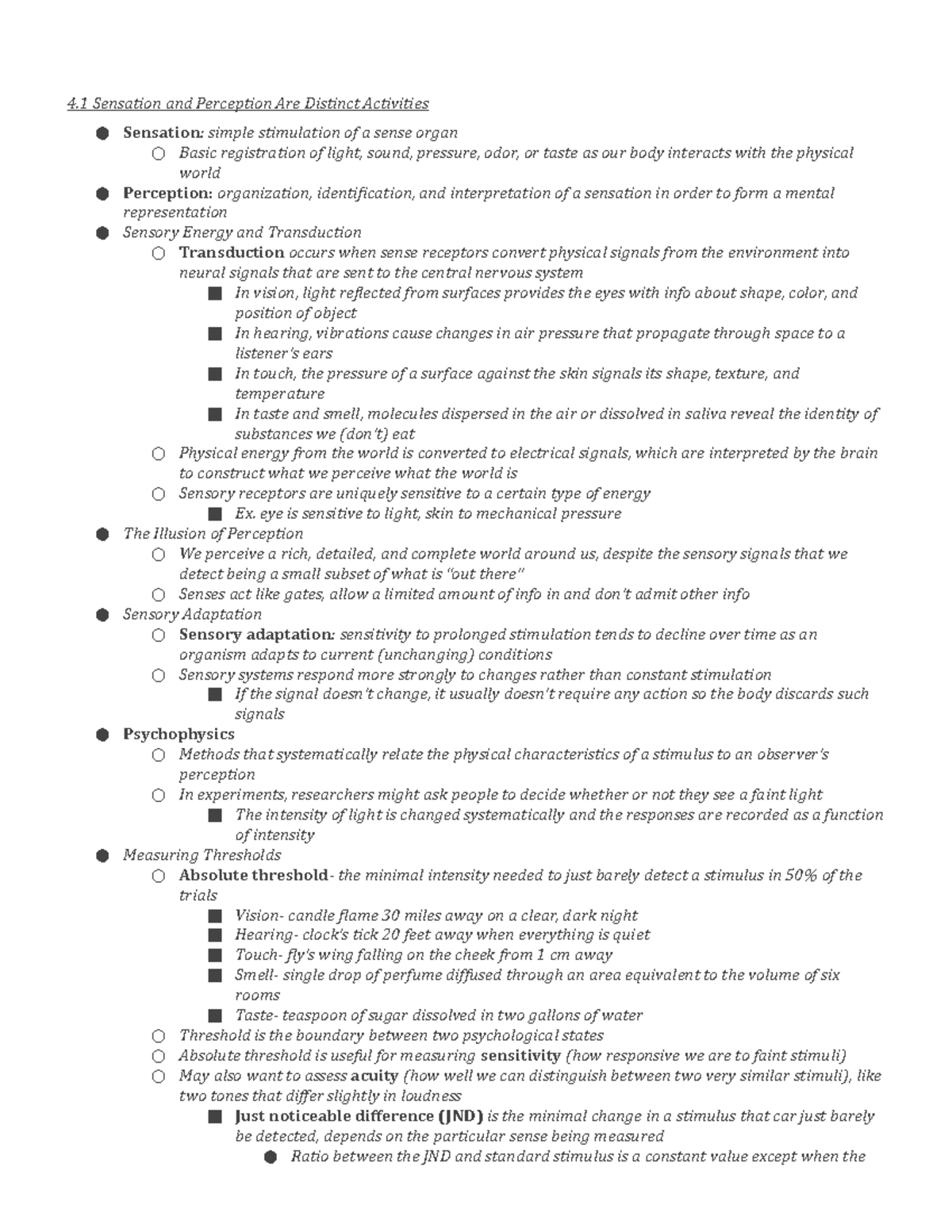 Chapter 4 Sensation and Perception Notes - 4 Sensation and Perception ...