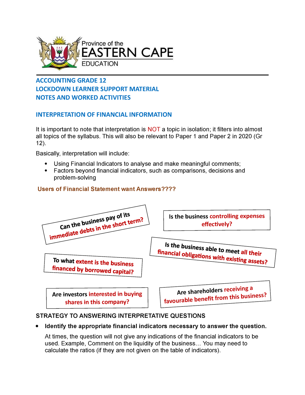 B ACCN Grade 12 Advanced Analysis AND Interpretation OF Financial ...