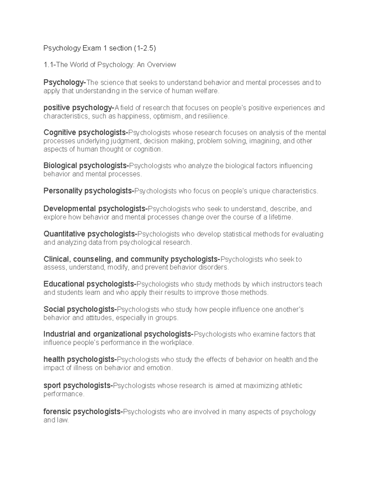 Psychology Test 1 Mindtap terms for Cook exam 1 Psychology Exam 1