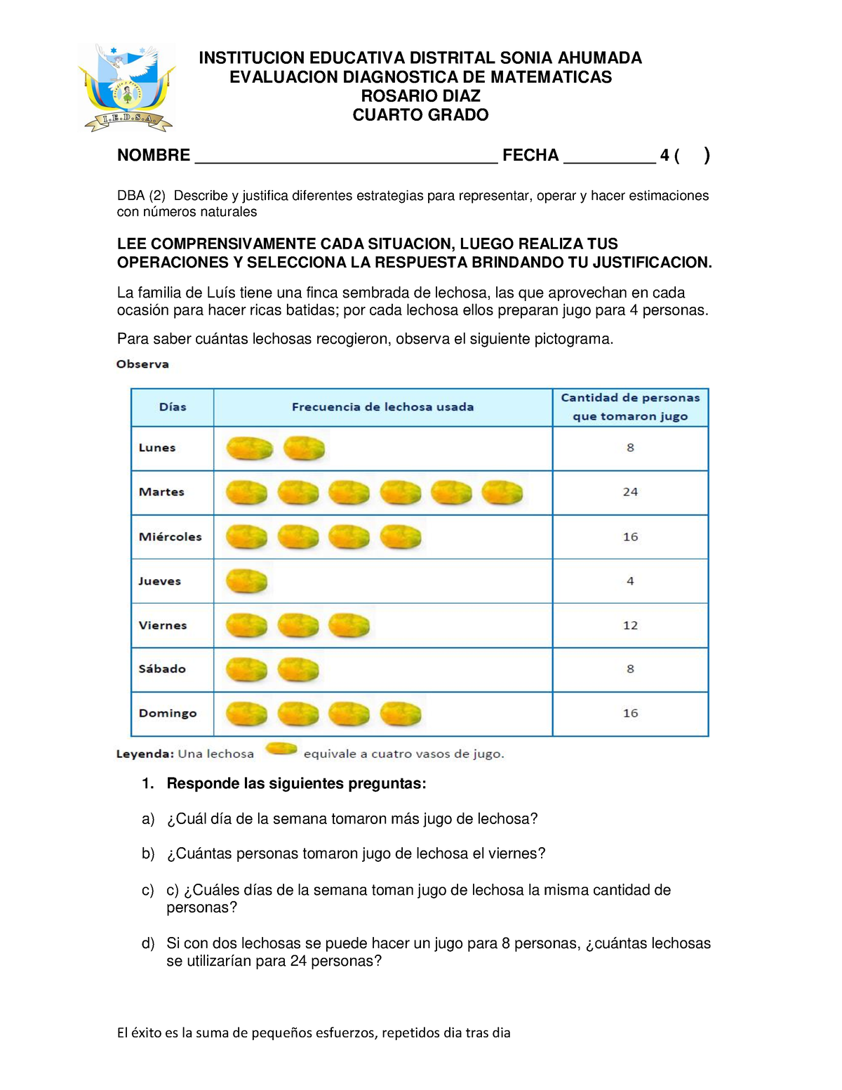 Evaluacion Diagnostica 4to Grado - EVALUACION DIAGNOSTICA DE ...