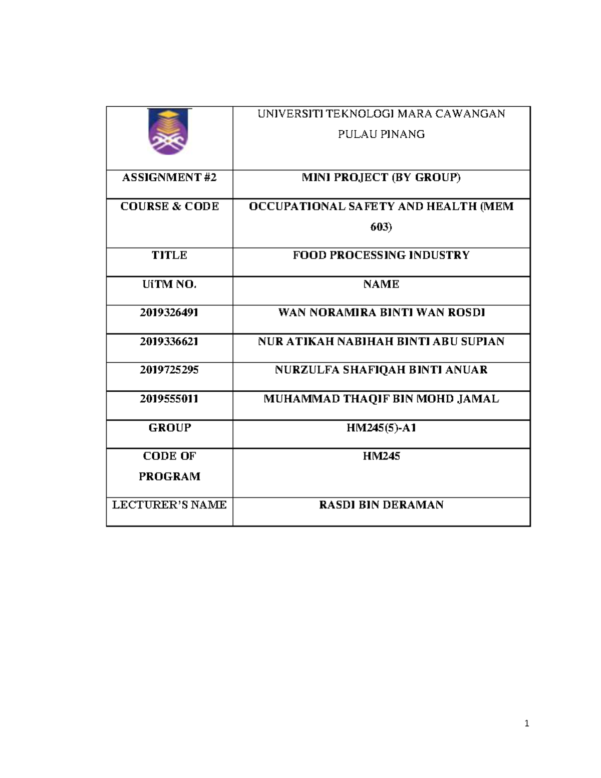 Occupational safety and health MEC603 UiTM Studocu