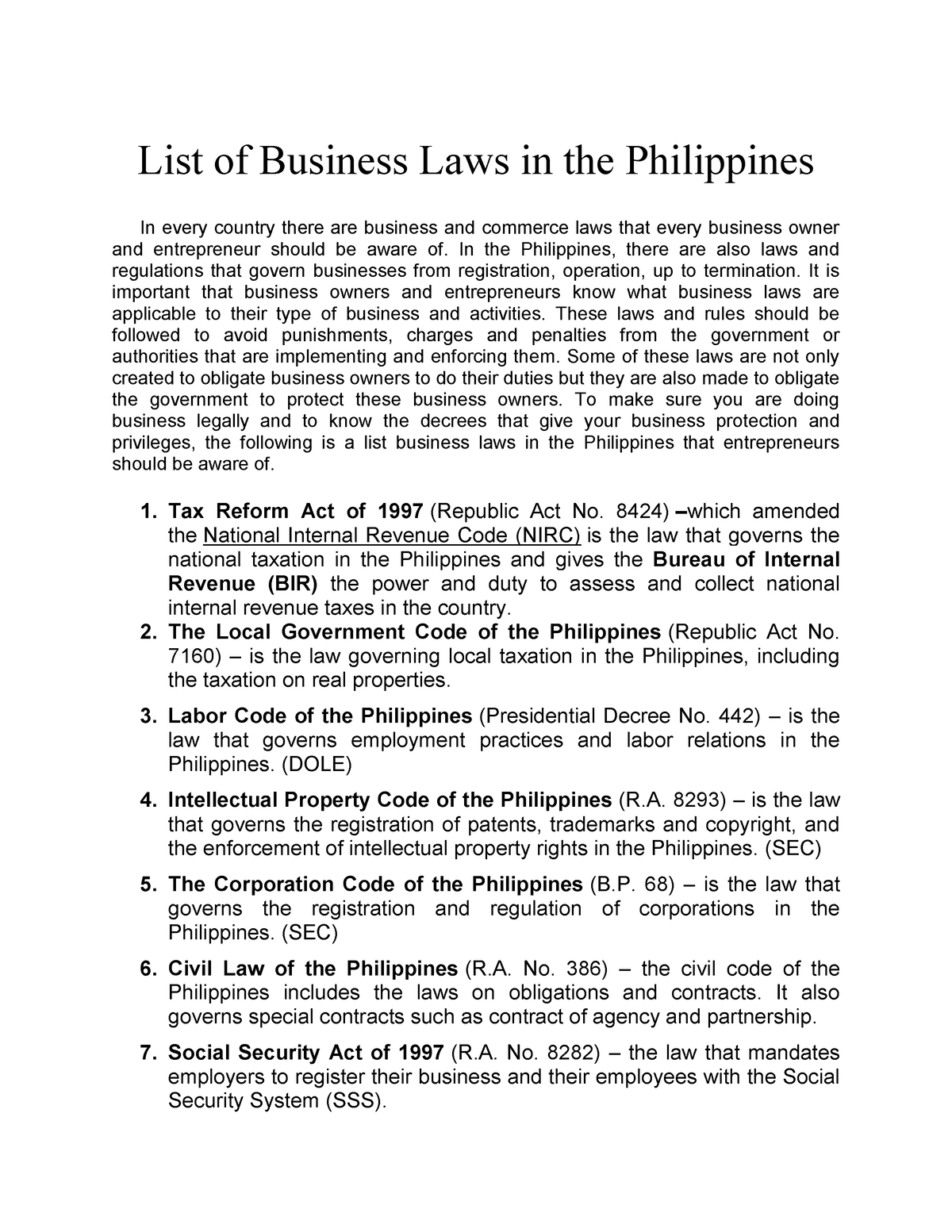 List Of Business Laws In The Philippines In The Philippines There 