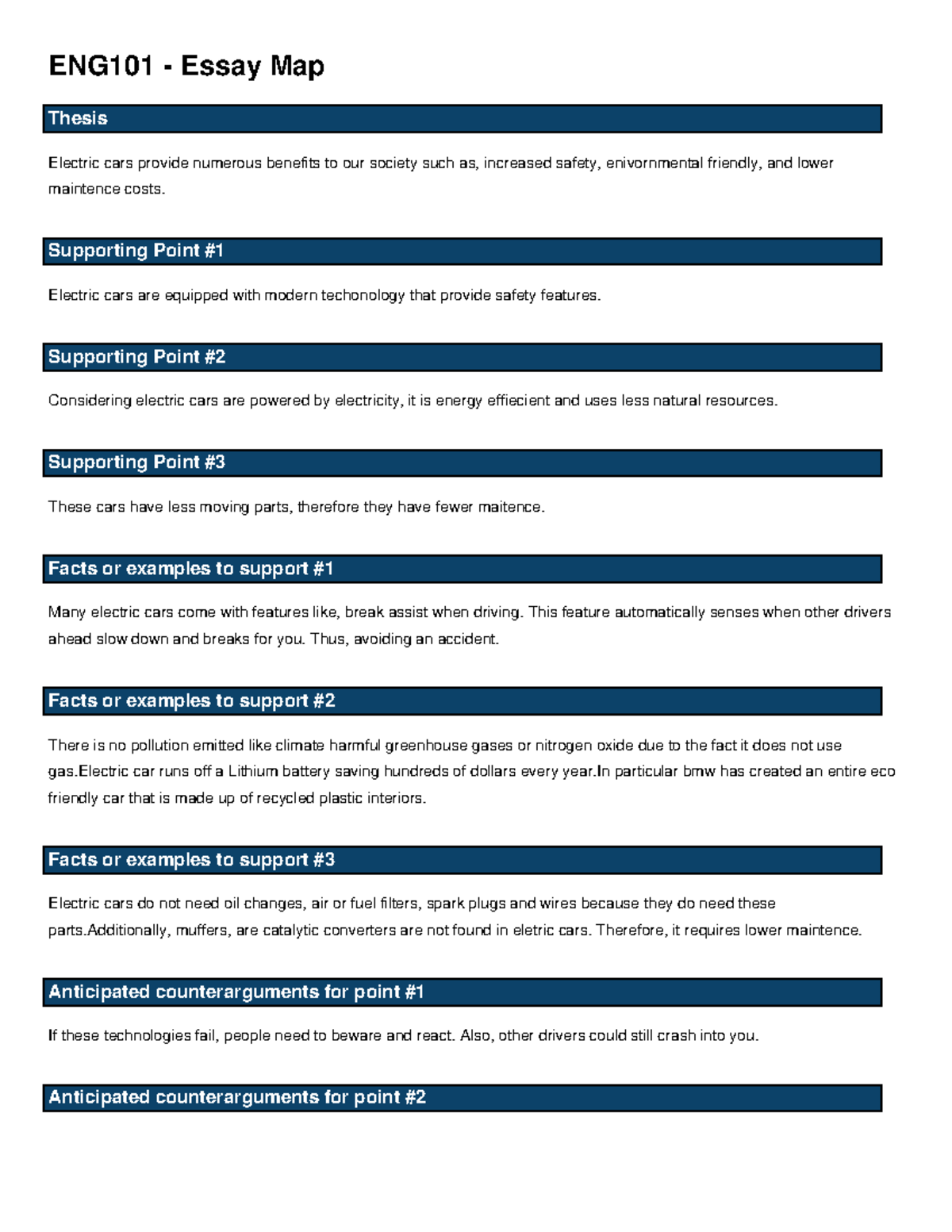 Essay Map - ENG101 - Essay Map Thesis Electric cars provide numerous ...