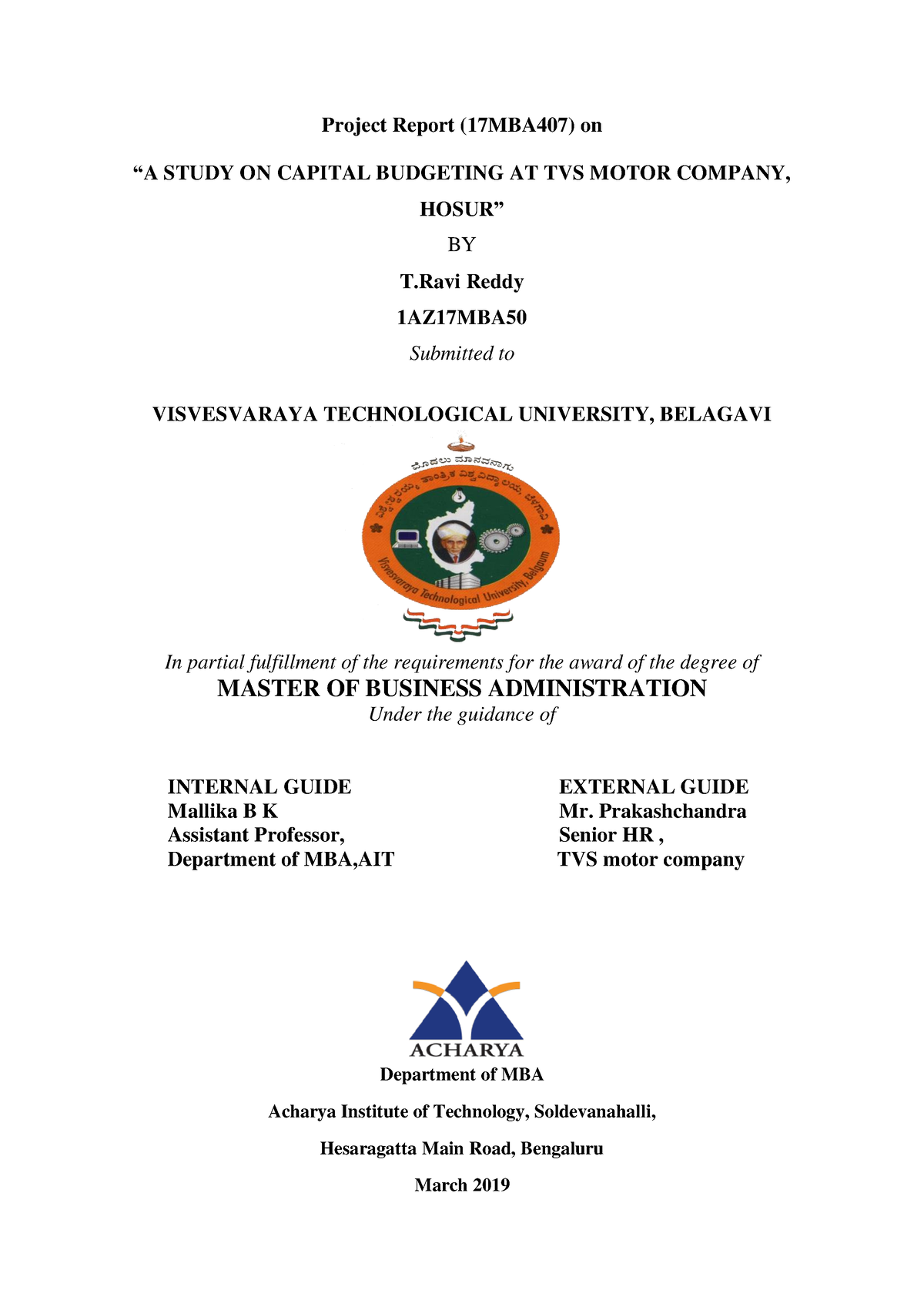 A Study on Capital Budgeting at TVS Motor Company, Hosur - Project ...