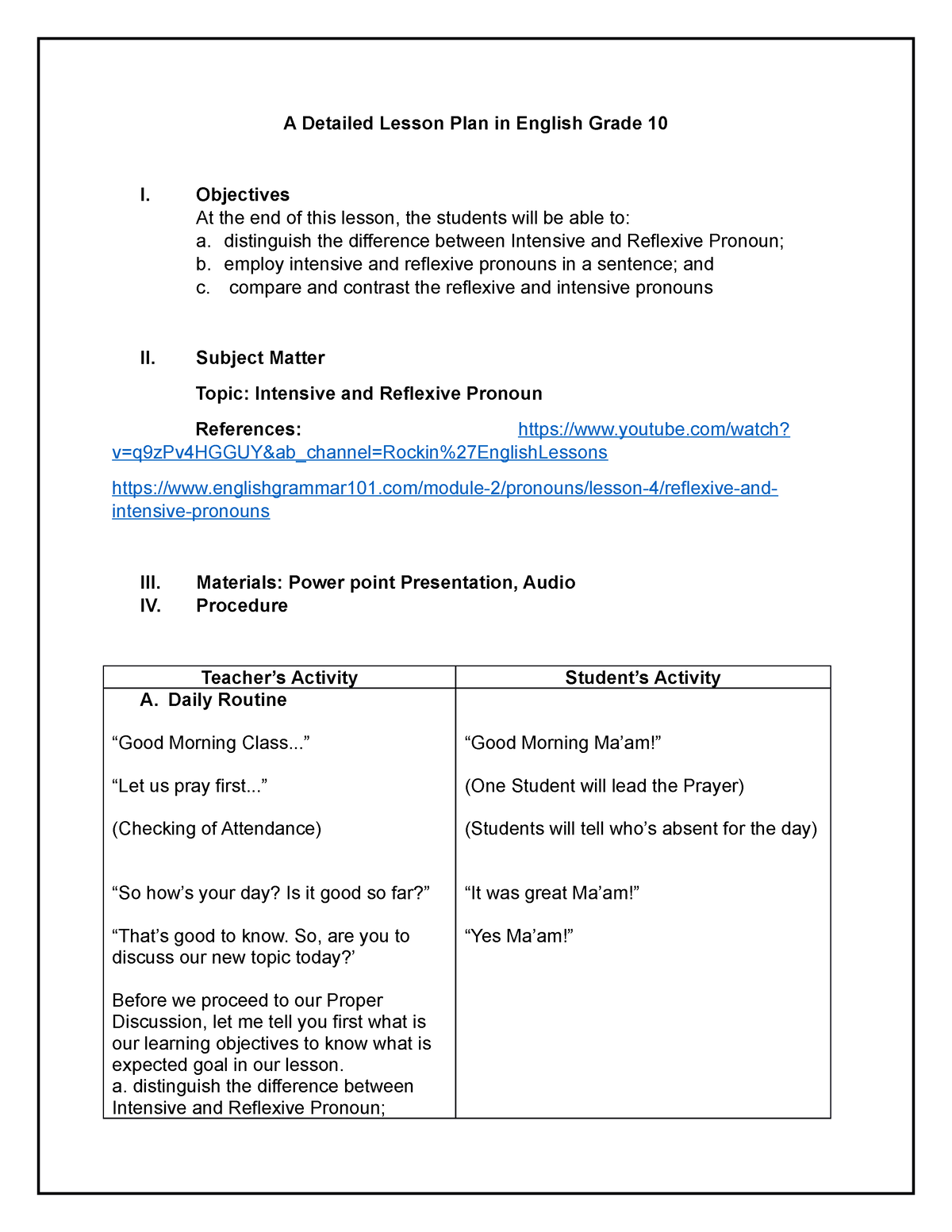 Lesson Plan Reflexive And Intensive A Detailed Lesson Plan In English Grade 10 I Objectives