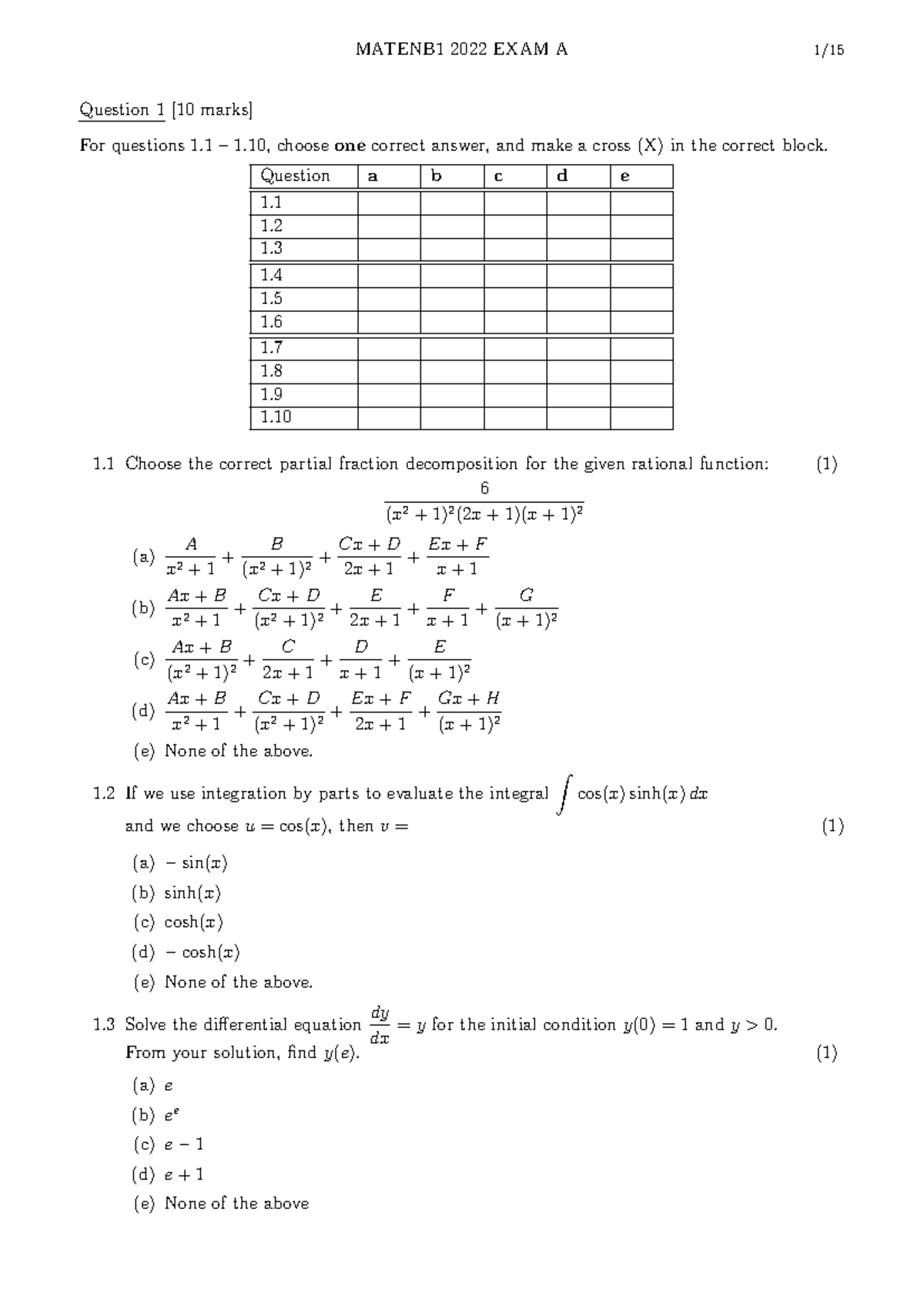 Matenb 1 - practice questions - Question 1 [10 marks] For questions 1 ...