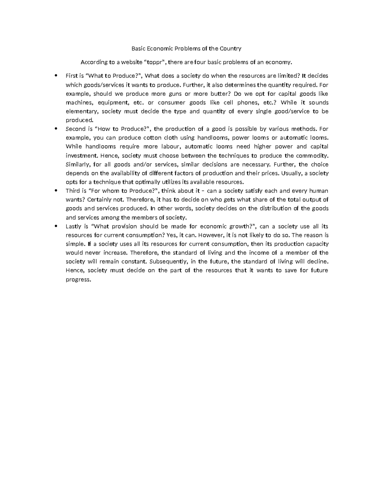 Basic Economic Problems of the Country - Basic Economic Problems of the ...