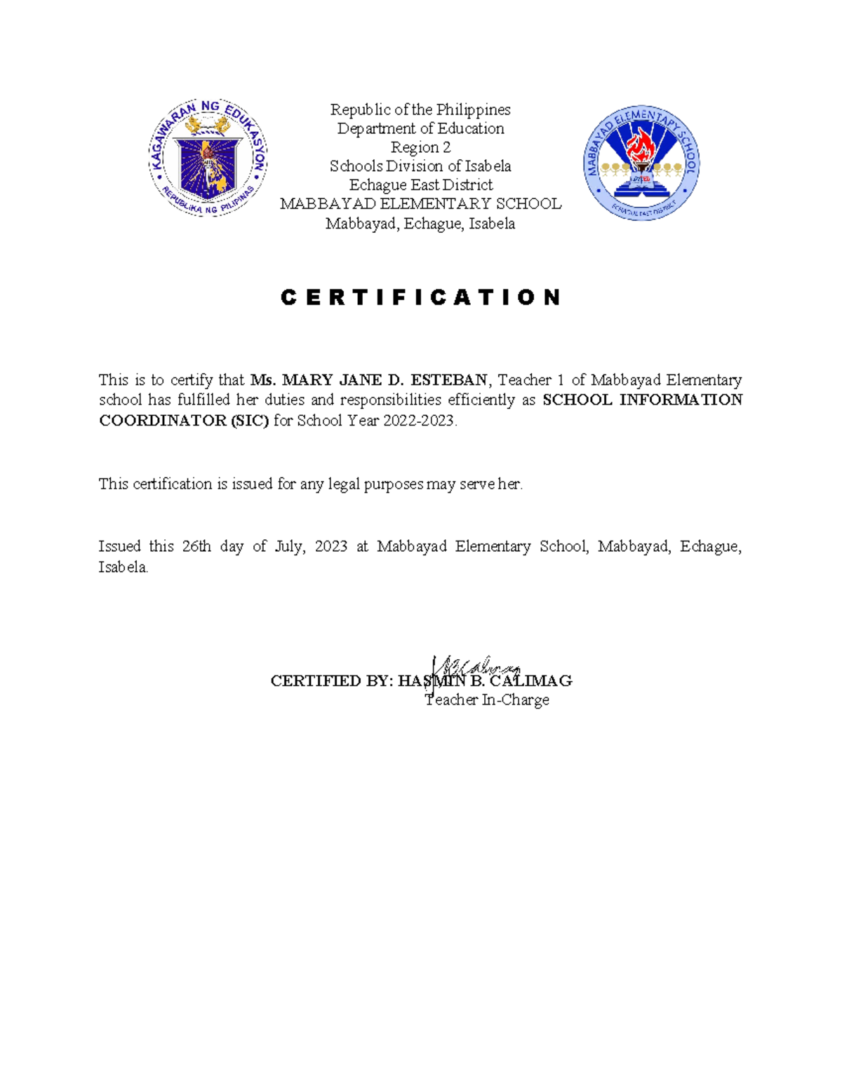 Certification for Coordinatorship - Republic of the Philippines ...