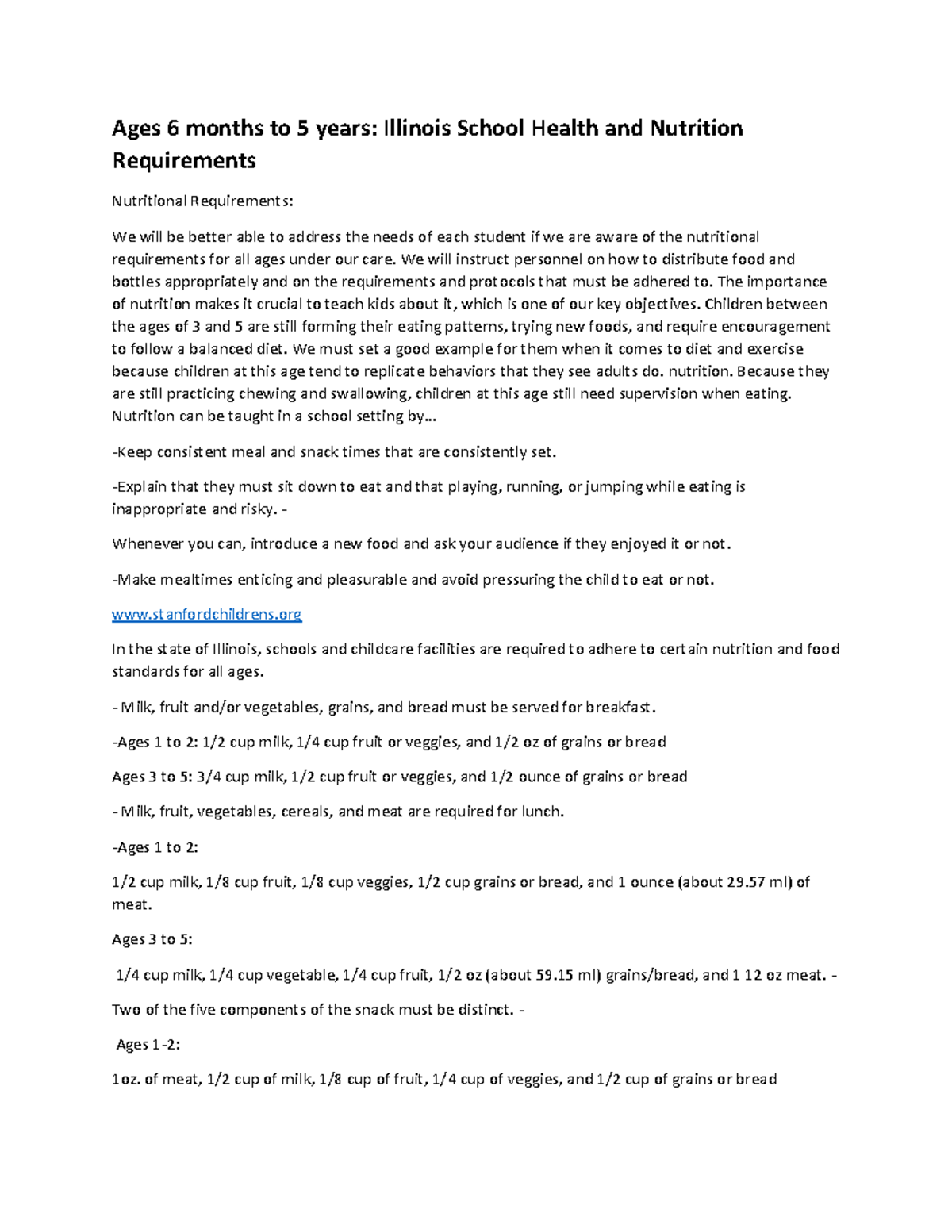 Health and Nutrition Requirement - Ages 6 months to 5 years: Illinois ...