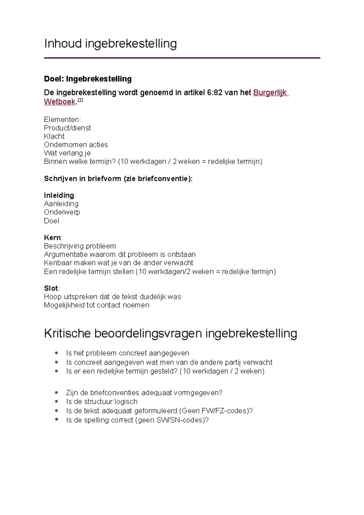 Uitleg Inhoud Ingebrekestelling - Inhoud Ingebrekestelling Doel ...