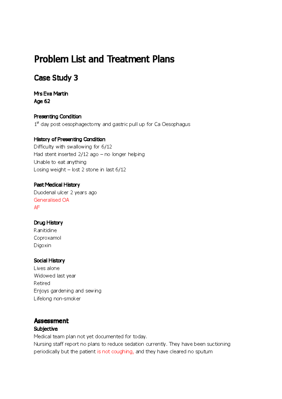 Mrs Martin Blank copy - Problem List and Treatment Plans Case Study 3 ...