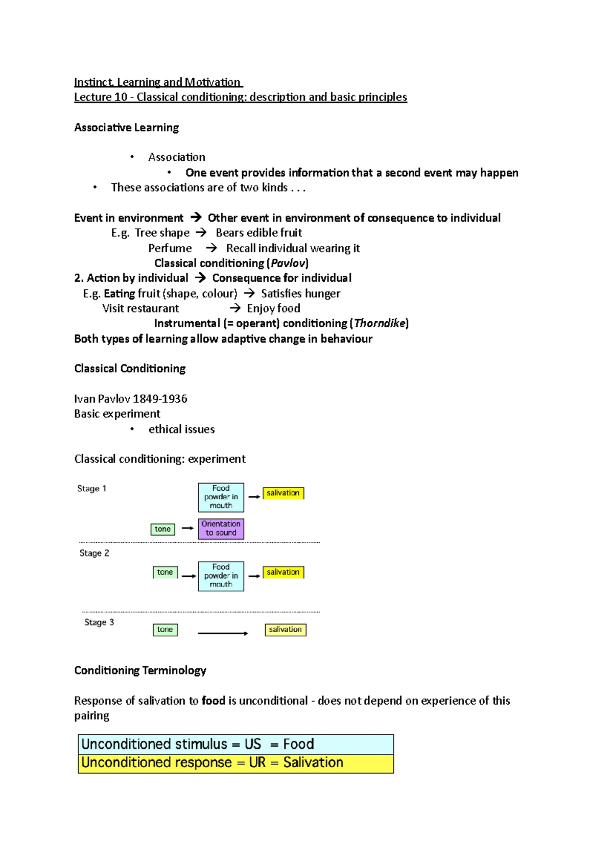 Instinct, Learning & Motivation L10 - Classical conditioning ...