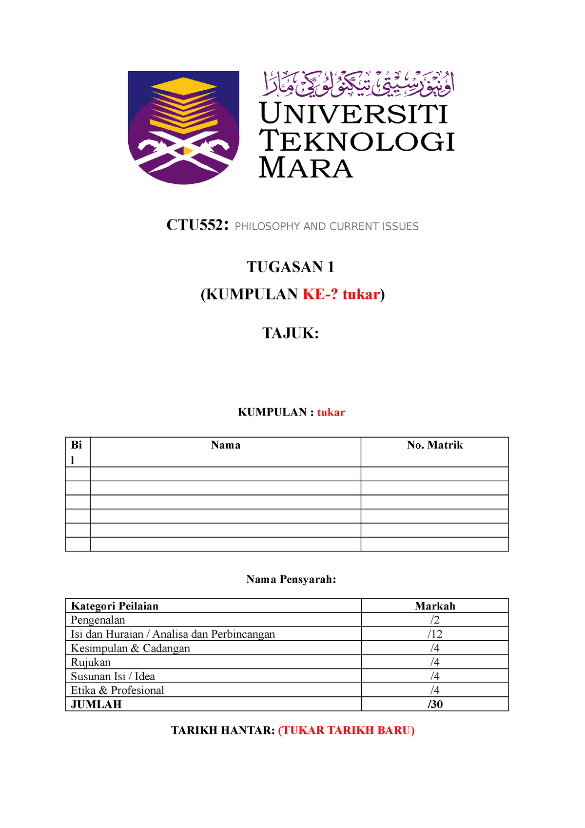 Cover Kertas Kerja - CTU552: PHILOSOPHY AND CURRENT ISSUES TUGASAN 1 ...