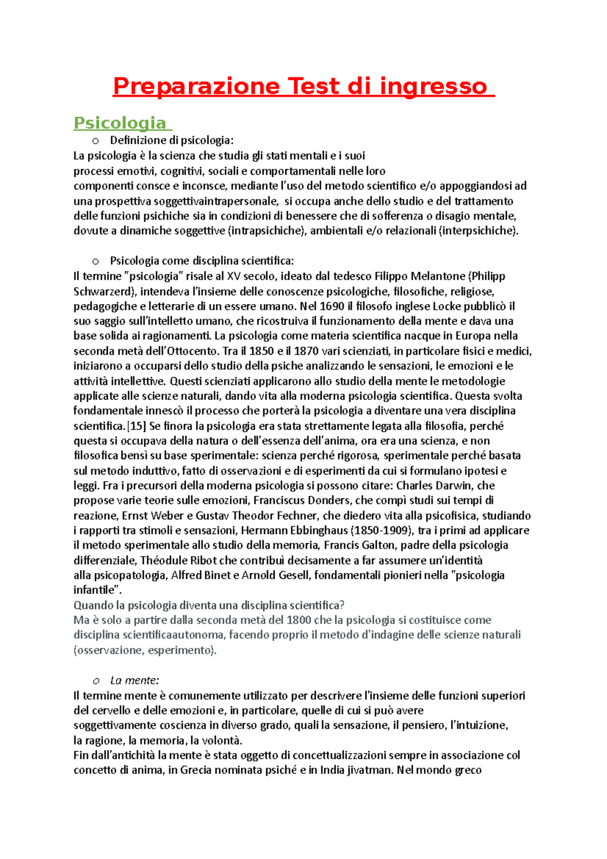Scienze umane Appunti Preparazione Test di ingresso Psicologia o