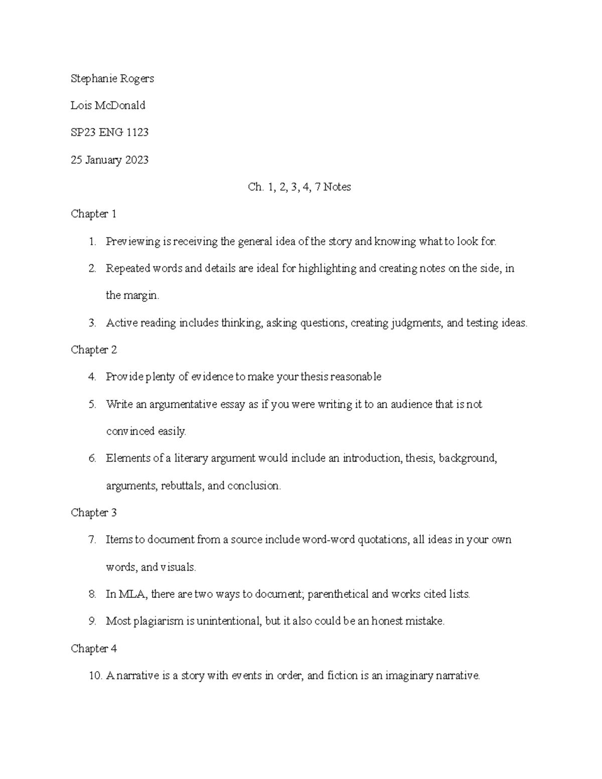 Stephanie Rogers- chapter notes - Stephanie Rogers Lois McDonald SP23 ...