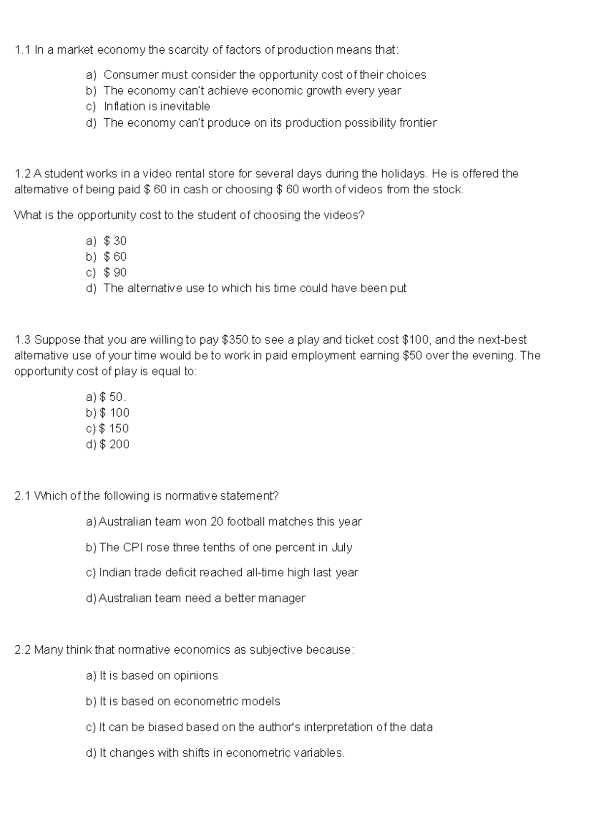 Grade 12 Economics - Multiple choice questions - 1 In a market economy ...