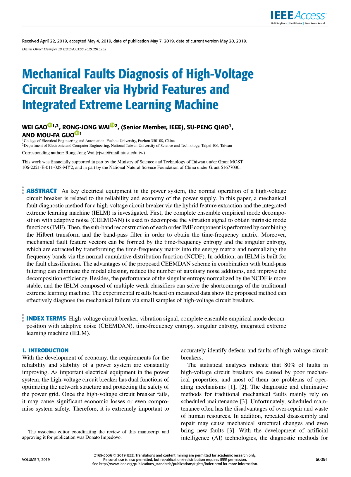 Mechanical Faults Diagnosis Of High-Voltage Circuit Breaker Via Hybrid ...