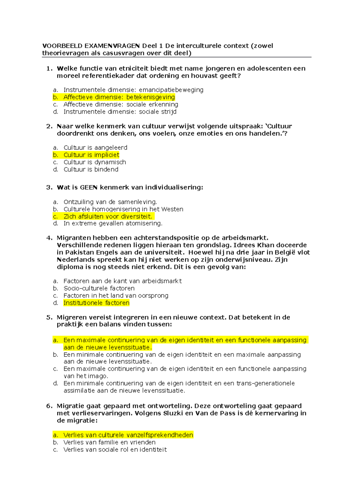 Verbetersleutel Voorbeeld Examenvragen DEEL 1 + Casusvragen DEEL 1 ...