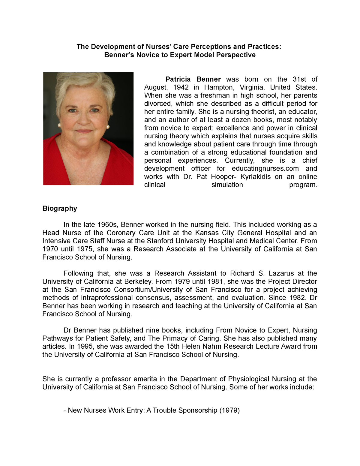 G3- Patricia Benner Handout - The Development of Nurses’ Care ...