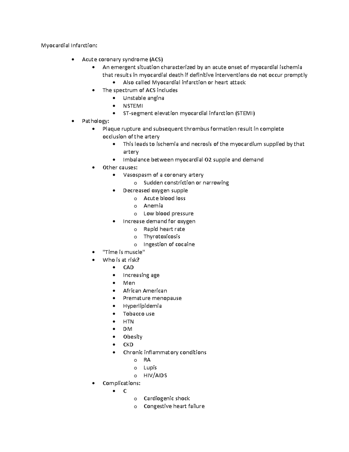 MI notes Myocardial Infarction Acute coronary syndrome (ACS) An