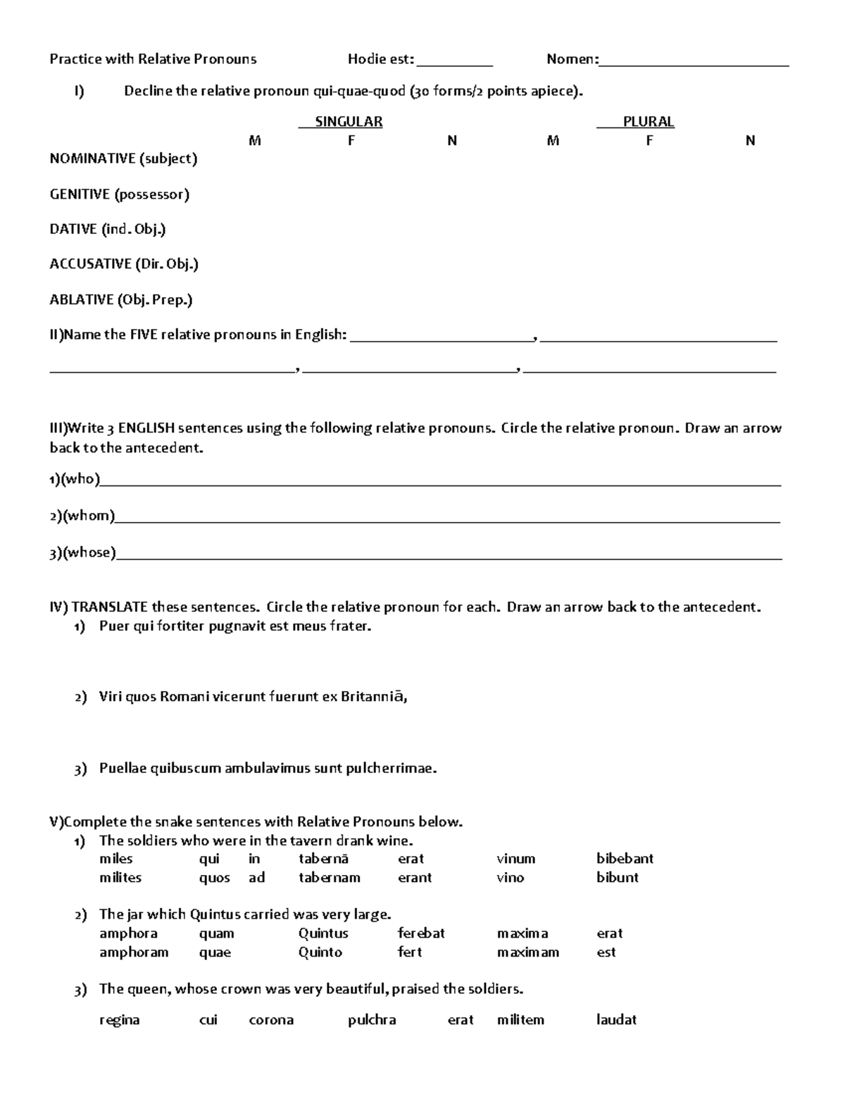 Relative Pronouns Practice - Practice with Relative Pronouns Hodie est ...