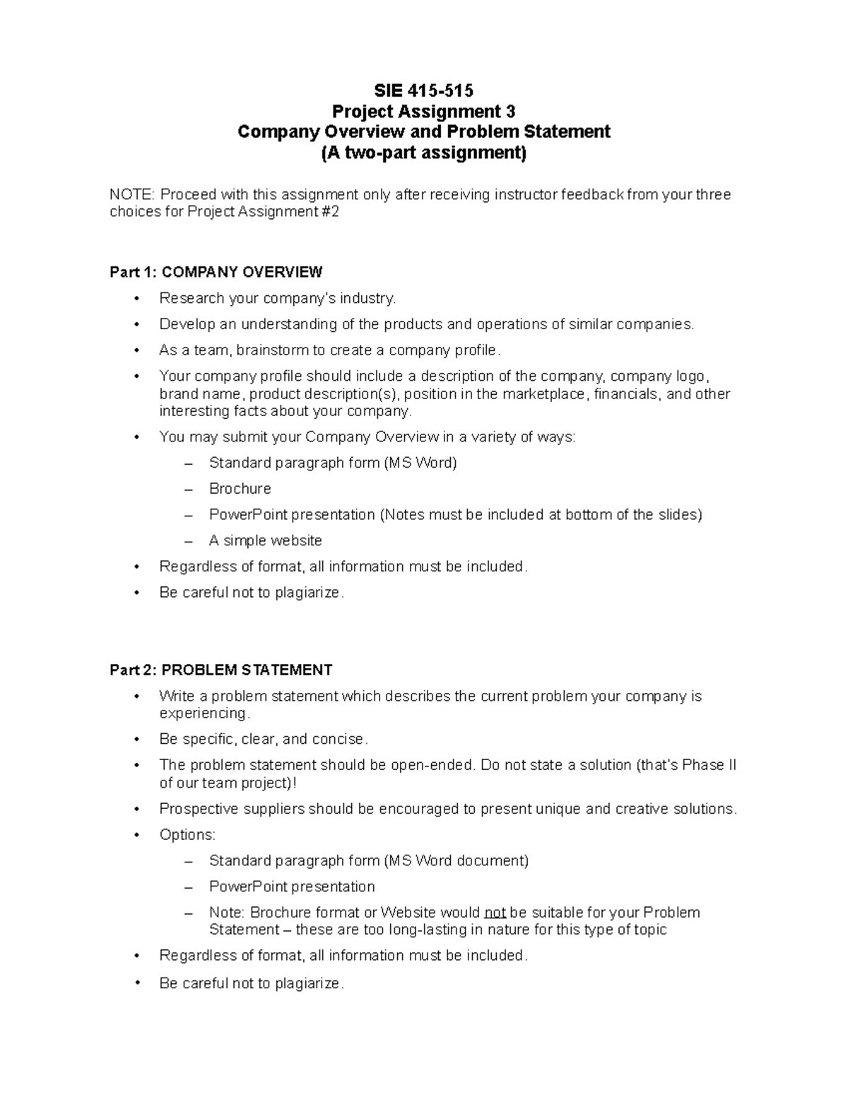 Project Assignment 3 - Company Overview and Problem Statement - SIE 415 ...