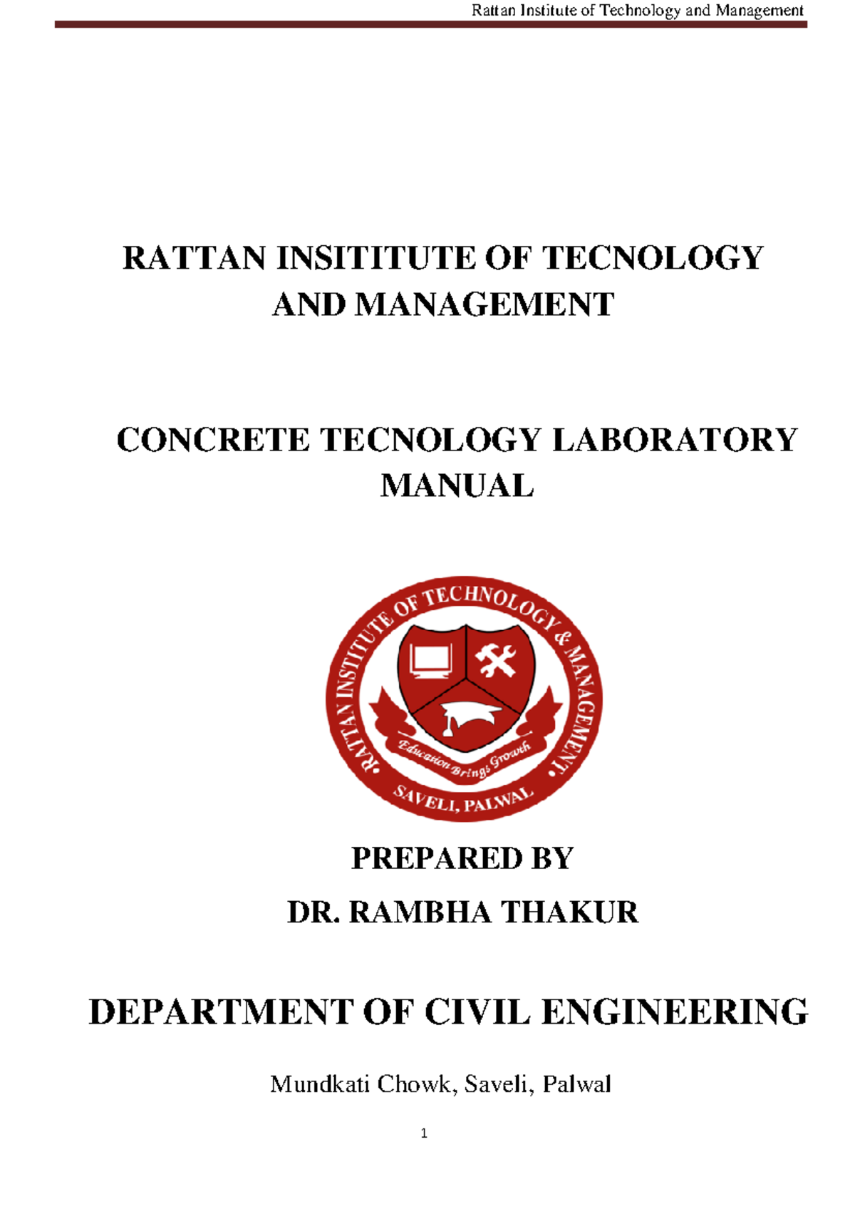 Concrete Technology Lab - RATTAN INSITITUTE OF TECNOLOGY AND MANAGEMENT ...