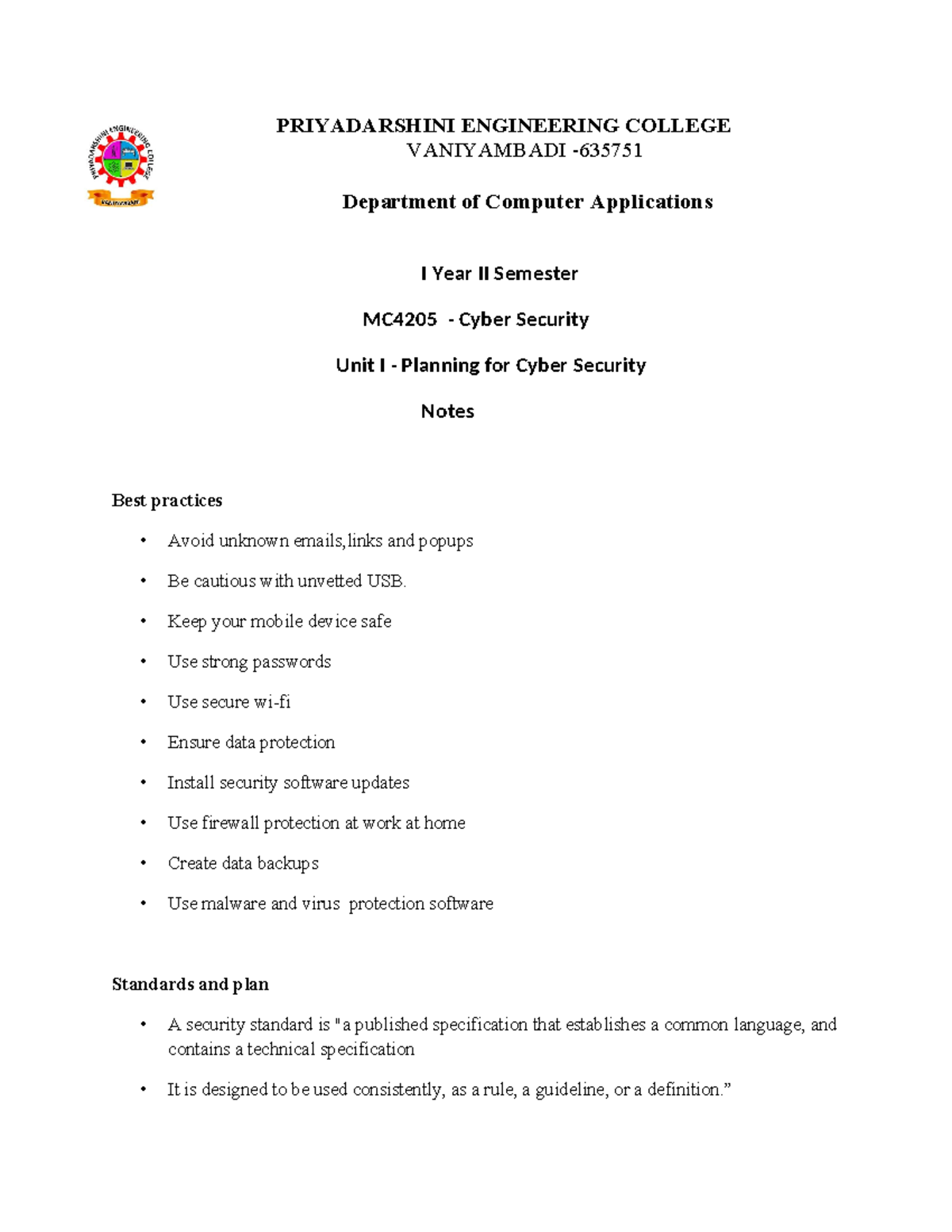 CS Unit I Notes - Cyber security unit 1 - PRIYADARSHINI ENGINEERING