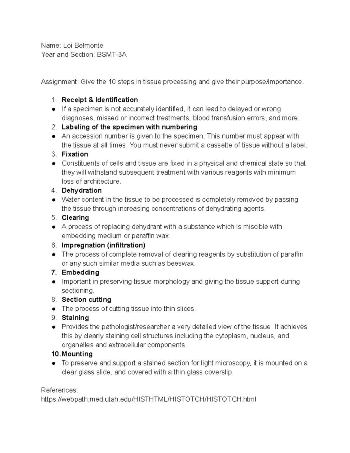Histopath A1 Fixatives Name Loi Belmonte Year and Section BSMT3A