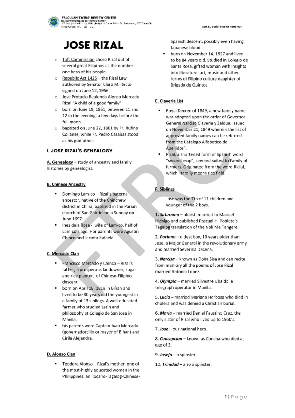 Rizal Notes for Review for Licensure - FALCULAN REVIEW CENTER (formerly ...