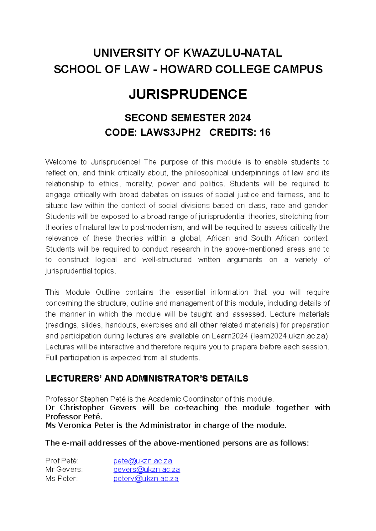 Module Outline 2024 - UNIVERSITY OF KWAZULU-NATAL SCHOOL OF LAW ...