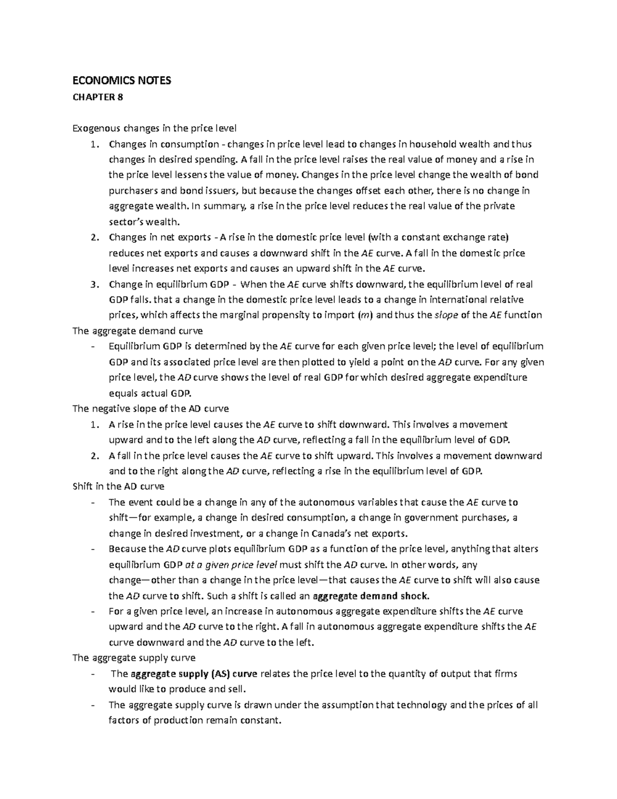 ECON Notes - ECONOMICS NOTES CHAPTER 8 Exogenous changes in the price ...