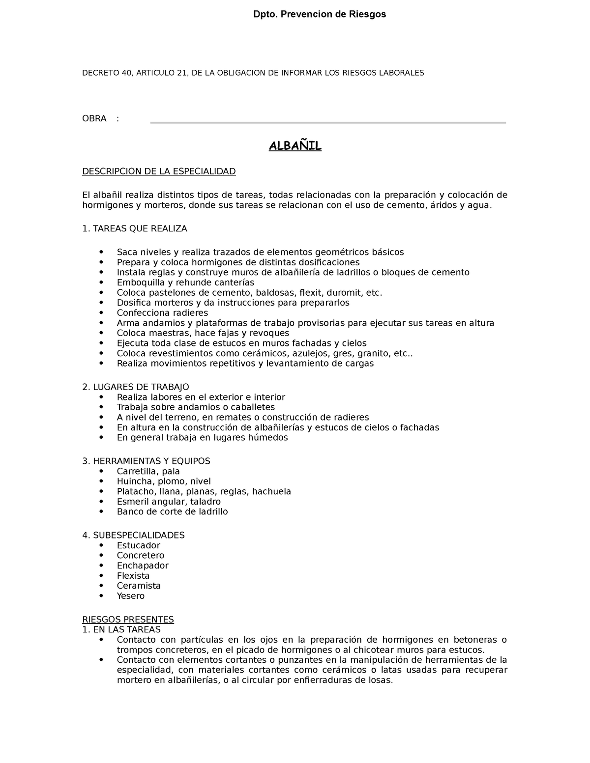 01 Albañil Dpto Prevencion De Riesgos Decreto 40 Articulo 21 De