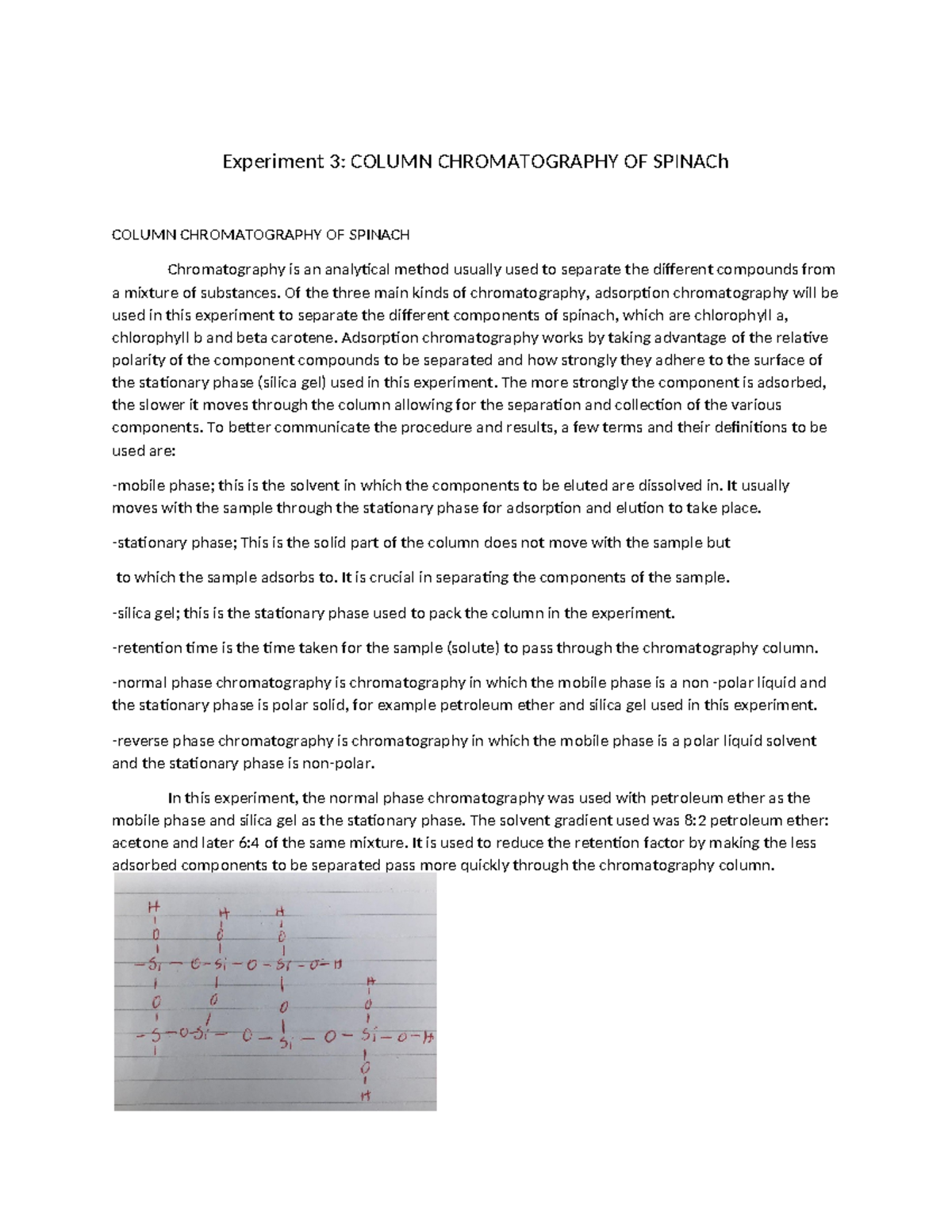 Column Chromatography OF Spinach stu Experiment 3 COLUMN