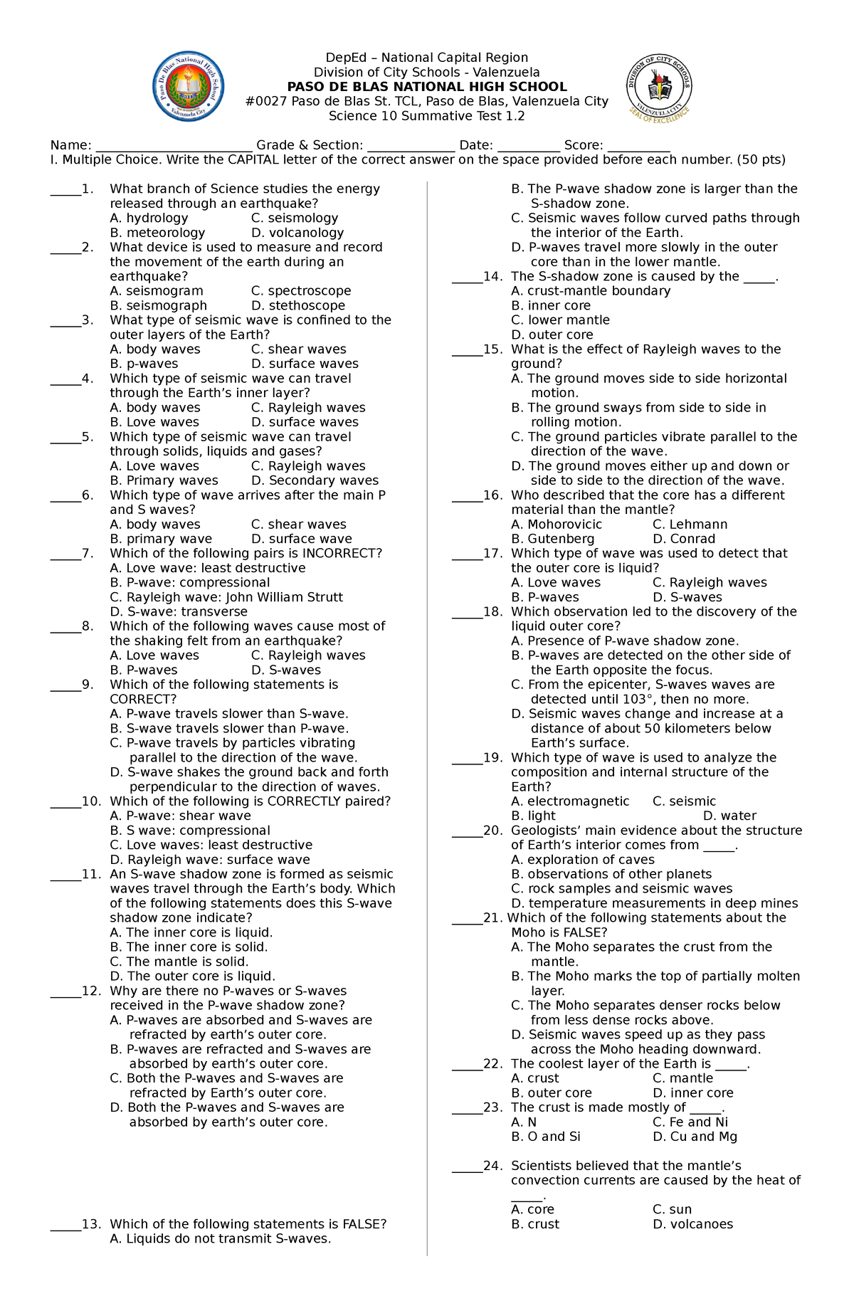 Science 10 Summative Test 1 - DepEd – National Capital Region Division ...