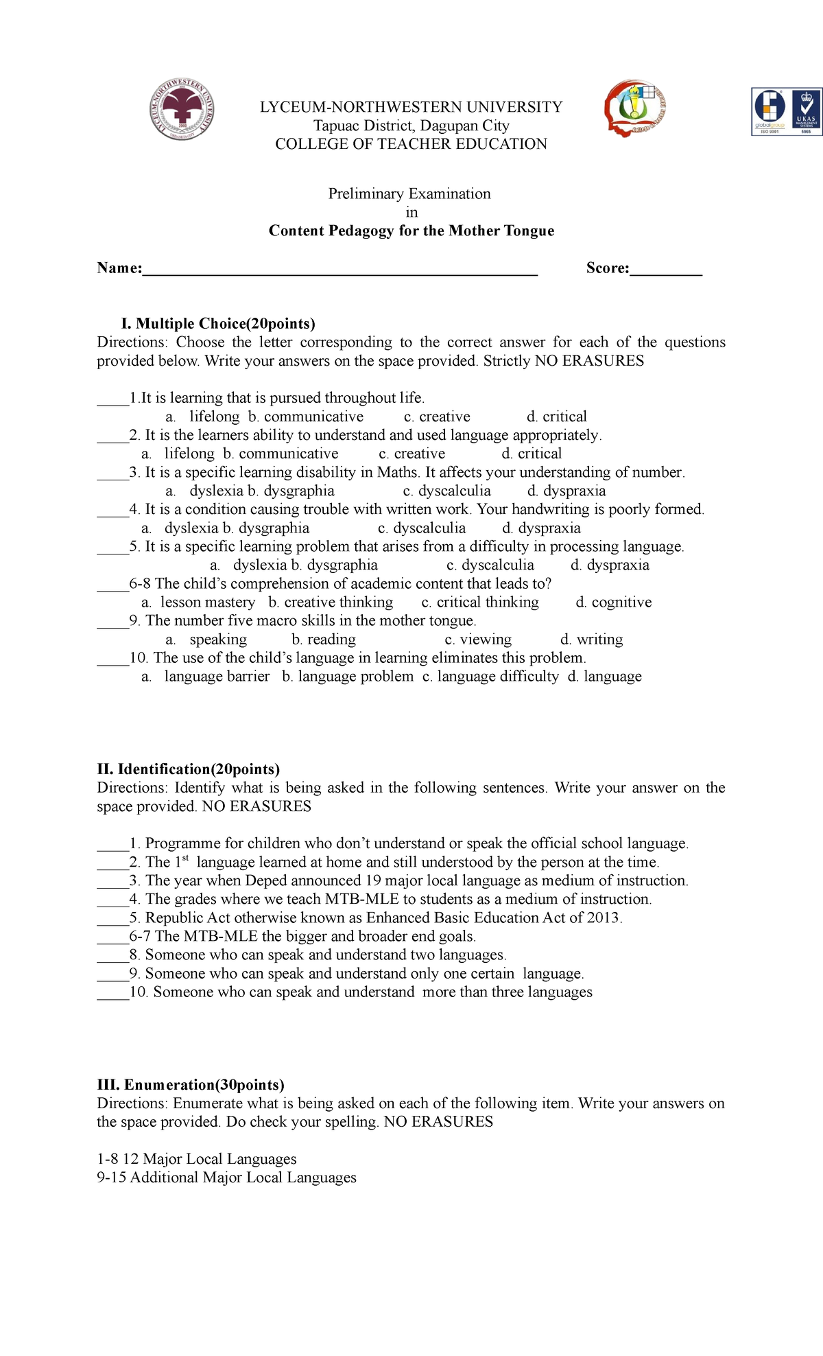 Prelim Content And Pedagogy For The Mother Tongue LYCEUM NORTHWESTERN