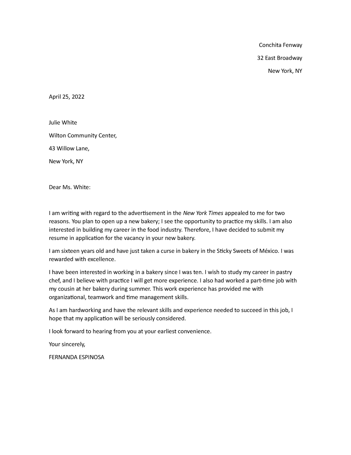 Letter Application} - ABCD - Conchita Fenway 32 East Broadway New York ...