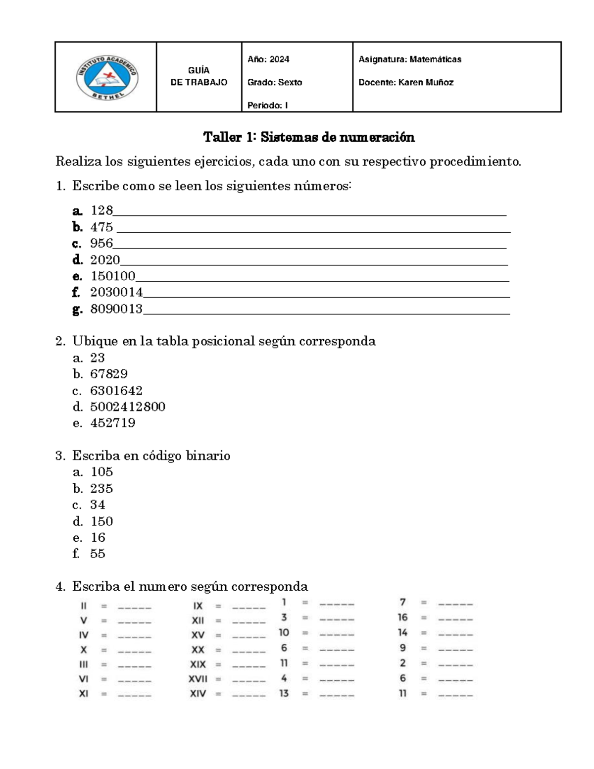 Taller 1 - Sistemas de numeracion - GUÍA DE TRABAJO Año: 2024 Grado ...
