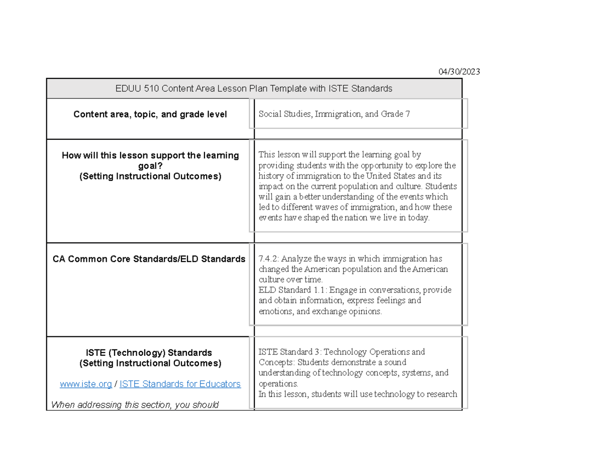 EDUU 510 Week 8 Assignment Lesson Plan Template with ISTE - 04/30/ EDUU ...