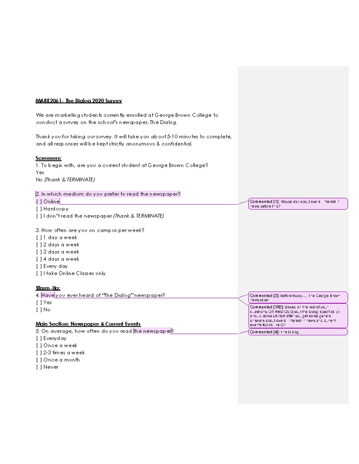 The Dialog - Questionnaire Feedback - MARK2061- The Dialog 2020 Survey ...
