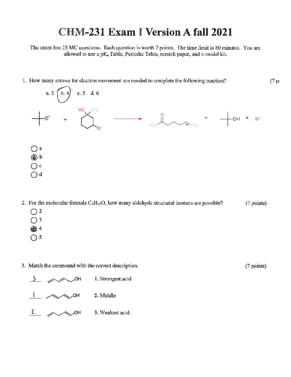 Old Exam I fall 2022 KEY - hope this helps! - CHM-231 - Studocu