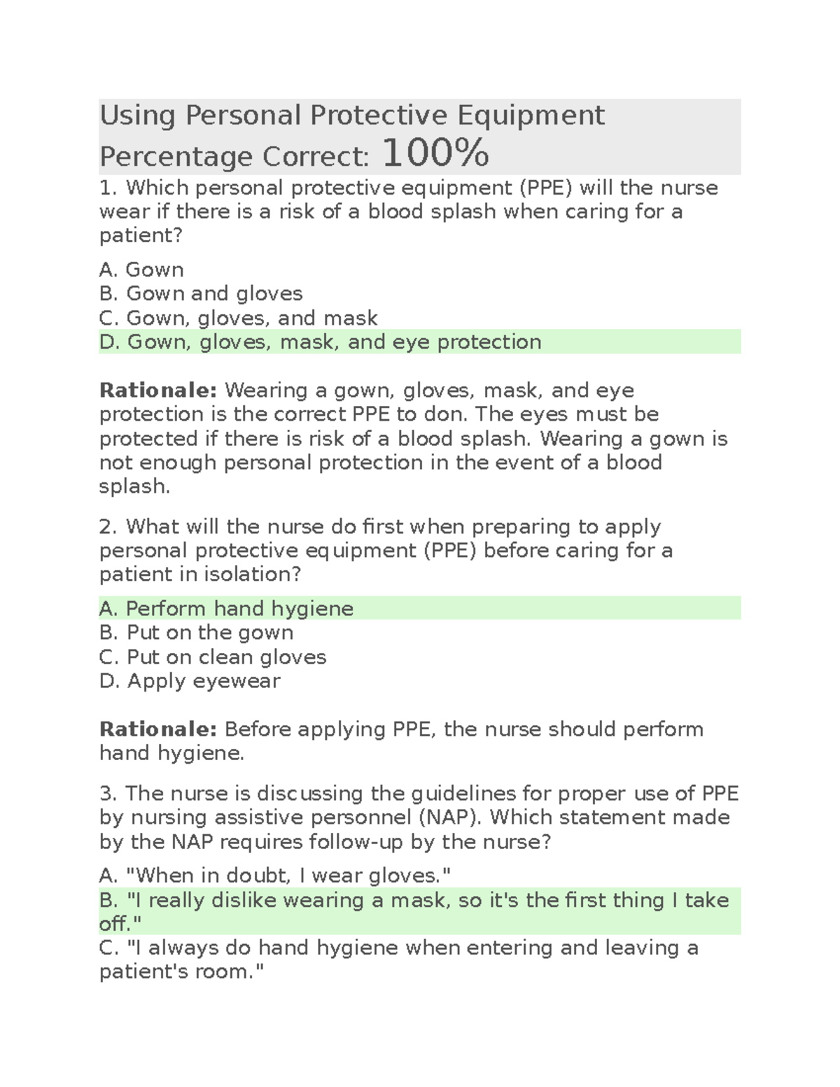 Using Personal Protective Equipment Using Personal Protective Equipment Percentage Correct