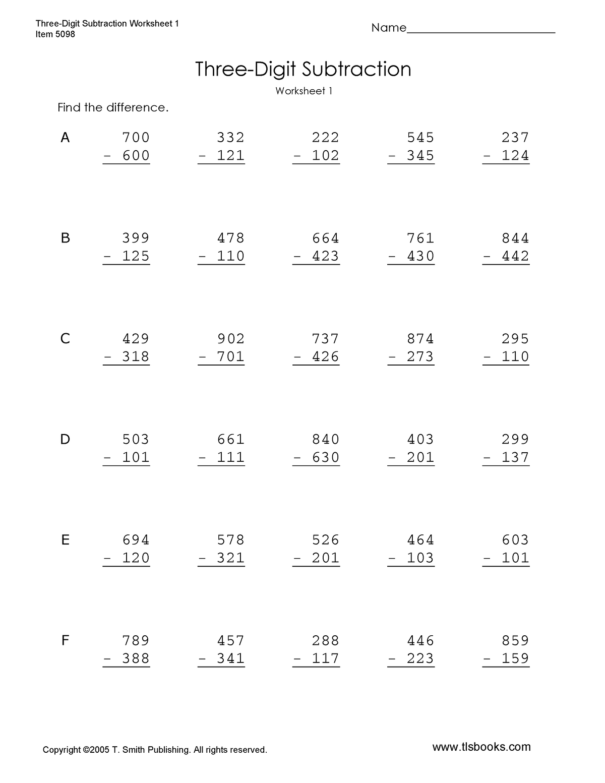 Three digit subtraction 1 - Name_________________________ tlsbooks Find ...