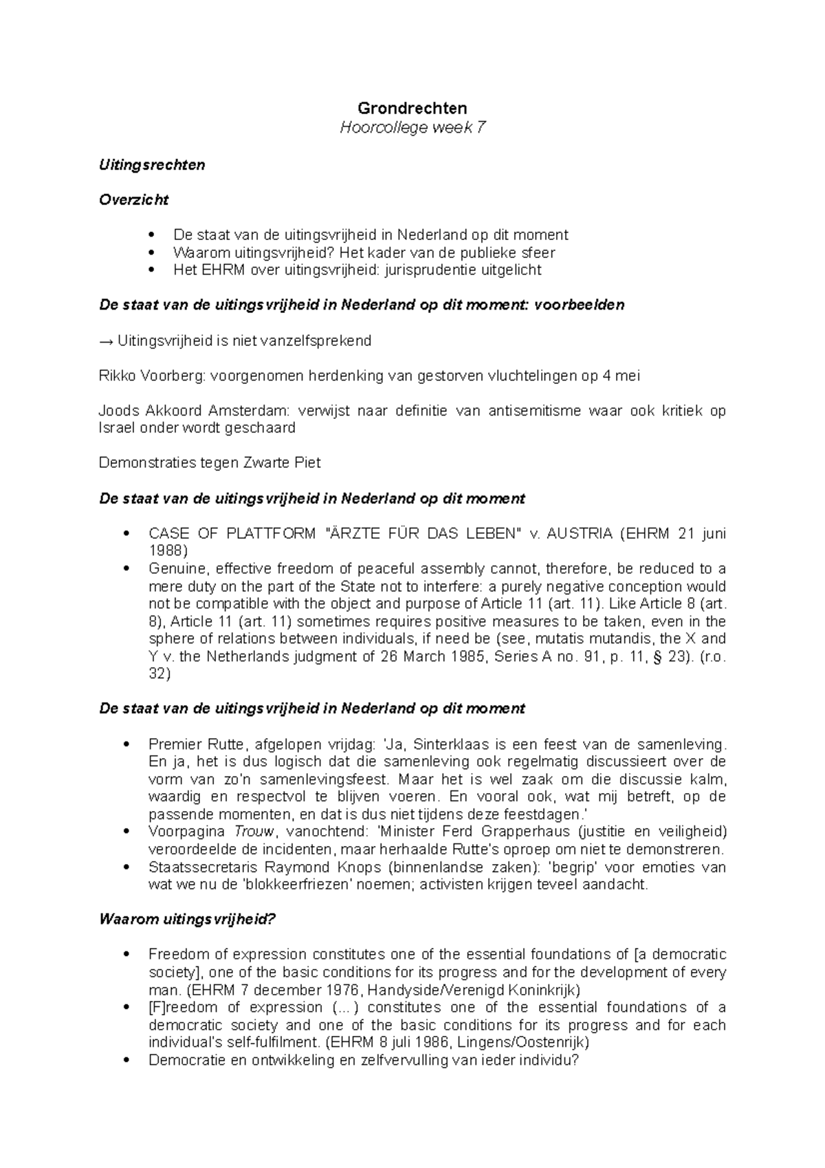 Grondrechten, HC7 - Grondrechten Hoorcollege Week 7 Uitingsrechten ...