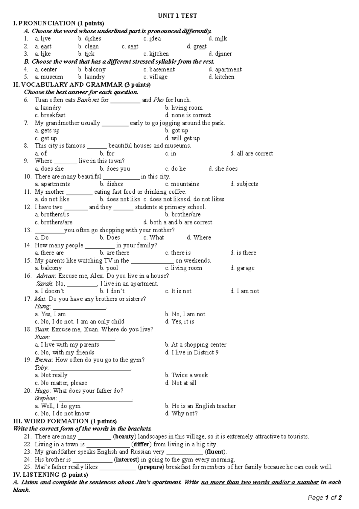 Tie╠é╠üng Anh 6 Smart World - Unit 1 Test - UNIT 1 TEST I ...