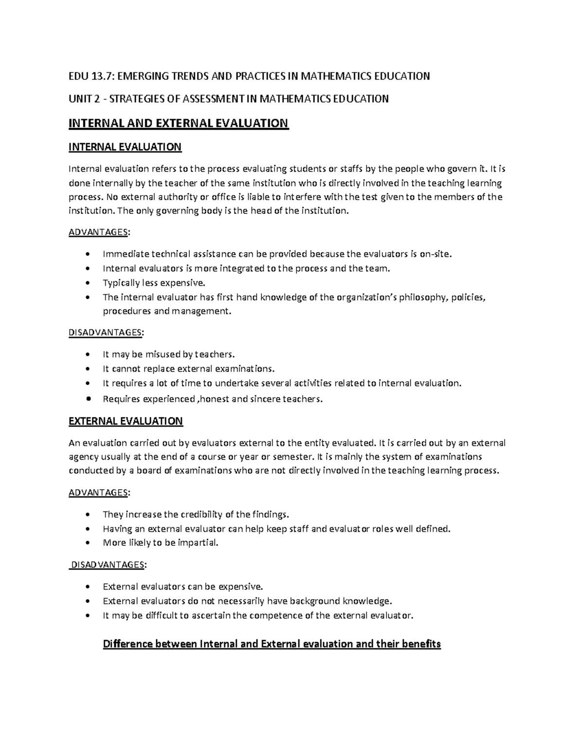 Internal and External Evaluation-1 - EDU 13: EMERGING TRENDS AND ...