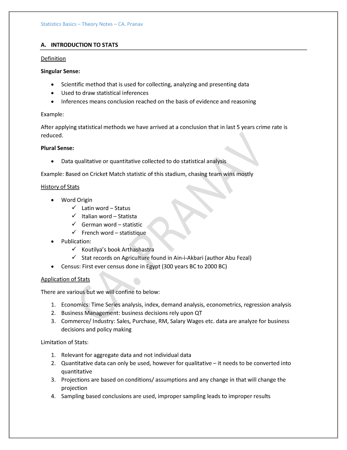 Basics of Statistics - Summary Notes - A. INTRODUCTION TO STATS ...