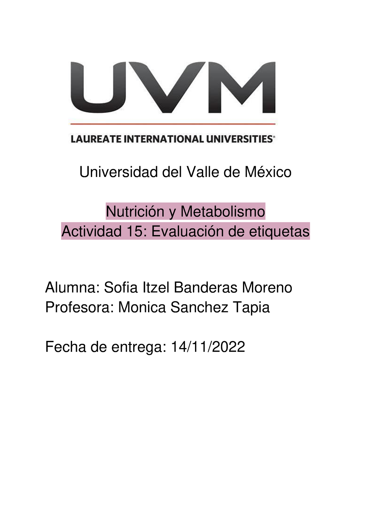 A15 Nutrición Y Metabolismo Universidad Del Valle De México Nutrición Y Metabolismo Actividad 3073